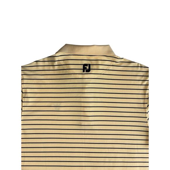 FJ Footjoy Men's Polo Shirt Medium Yellow Navy Stripe Unknown Golf Course Logo - Picture 11 of 12